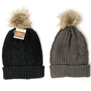 Slouchy Pom Cableknit Beanie Winter Hat Bundle